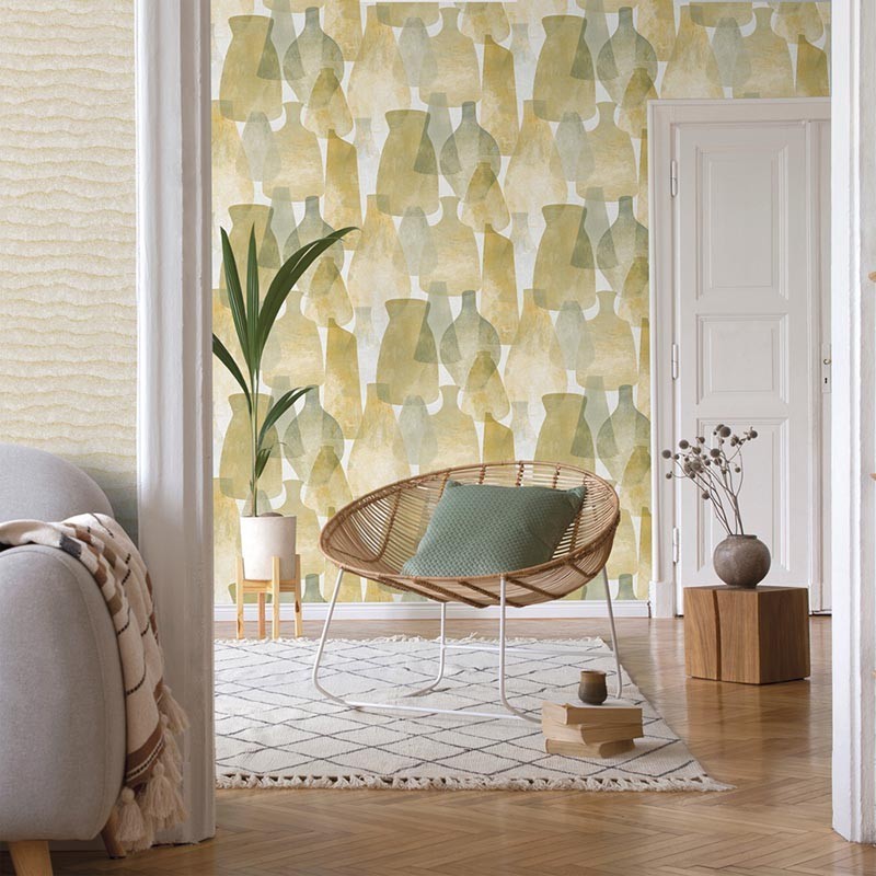 PAPEL PINTADO JARRONES Y VASIJAS TONO VERDE/OCRE.