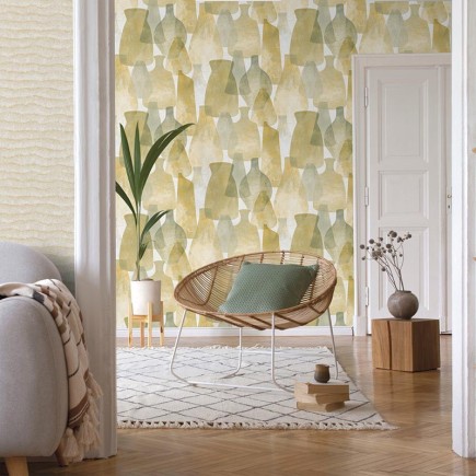 PAPEL PINTADO JARRONES Y VASIJAS TONO VERDE/OCRE.