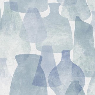 PAPEL PINTADO JARRONES Y VASIJAS TONO AZUL/VERDE.