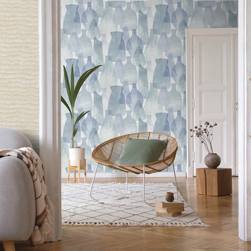 PAPEL PINTADO JARRONES Y VASIJAS TONO AZUL/VERDE. PAPEL PINTADO JARRONES Y VASIJAS TONO AZUL/VERDE.