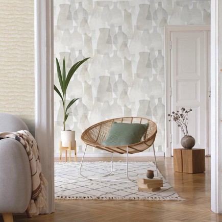 PAPEL PINTADO JARRONES Y VASIJAS TONO BEIGE/GRIS.