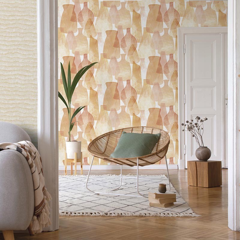 PAPEL PINTADO JARRONES Y VASIJAS TONO TERRACOTA/NARANJA. PAPEL PINTADO JARRONES Y VASIJAS TONO TERRACOTA/NARANJA.