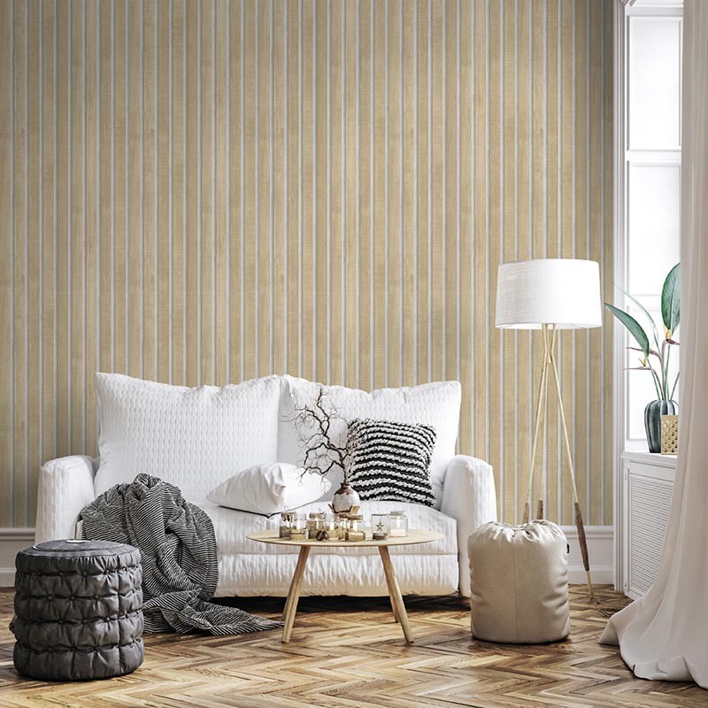 PAPEL PINTADO EFECTO LISTONES DE MADERA TONO BEIGE/GRIS CLARO.
