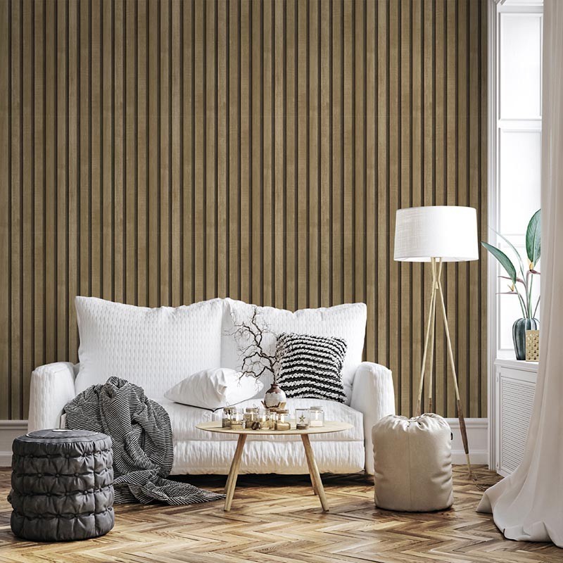 PAPEL PINTADO EFECTO LISTONES DE MADERA TONO MARRON/NEGRO.