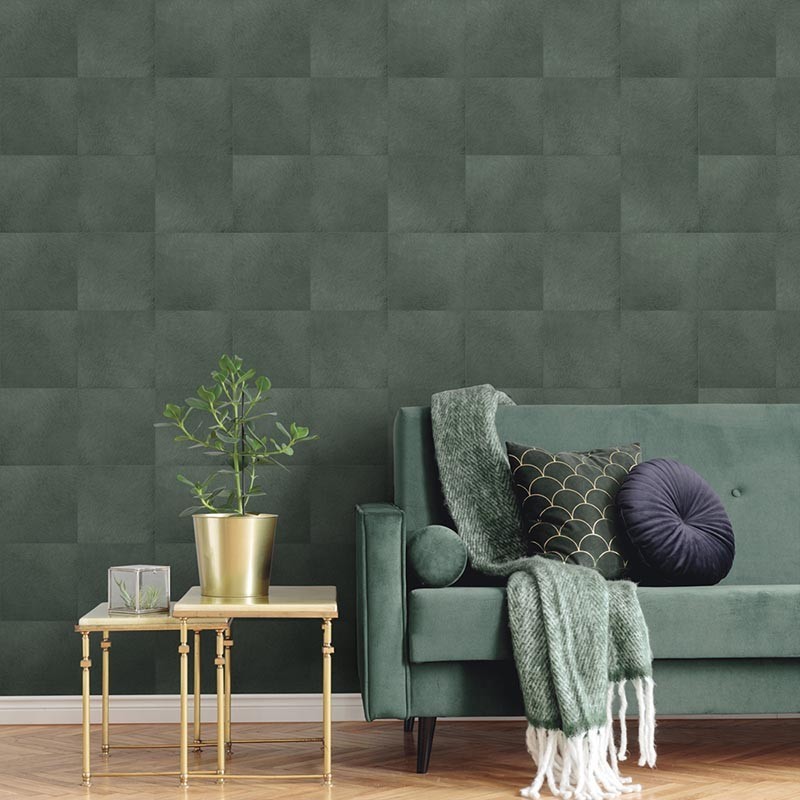 PAPEL PINTADO CUADRADOS EFECTO PIEL PELO CORTO TONO VERDE.