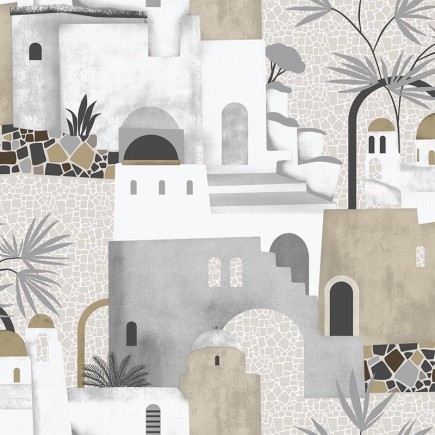 PAPEL PINTADO CASAS TONO BEIGE/GRIS/NEGRO.