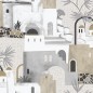 PAPEL PINTADO CASAS TONO BEIGE/GRIS/NEGRO.
