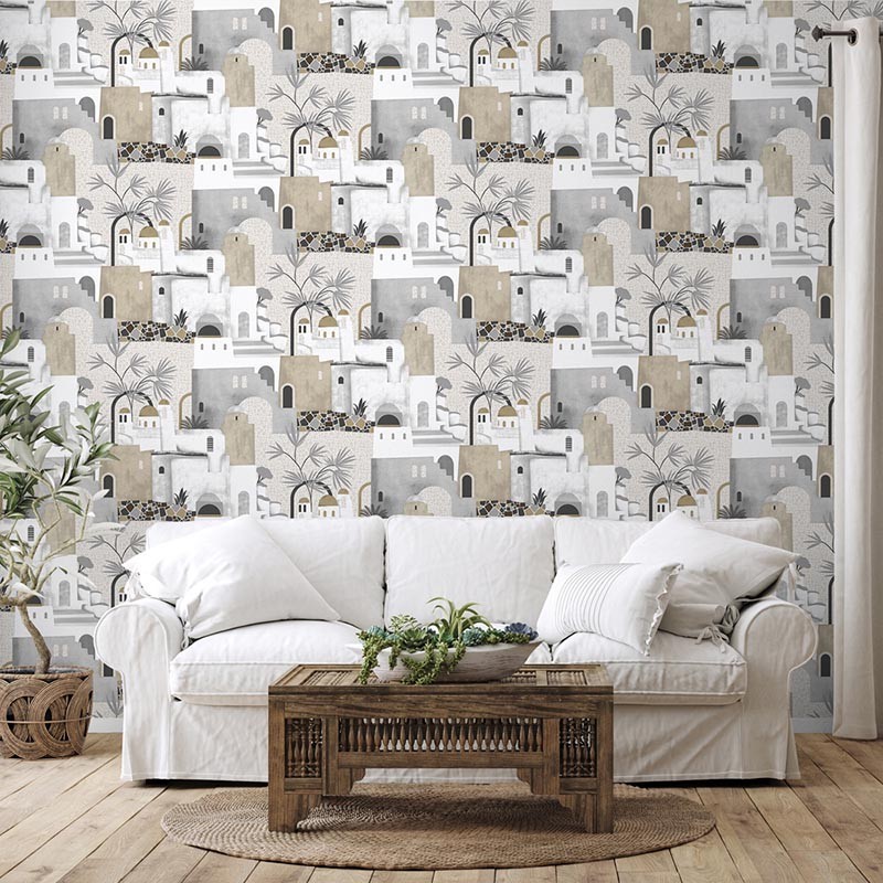 PAPEL PINTADO CASAS TONO BEIGE/GRIS/NEGRO.