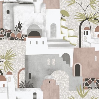 PAPEL PINTADO CASAS TONO GRIS/MARRON/NEGRO/VERDE.