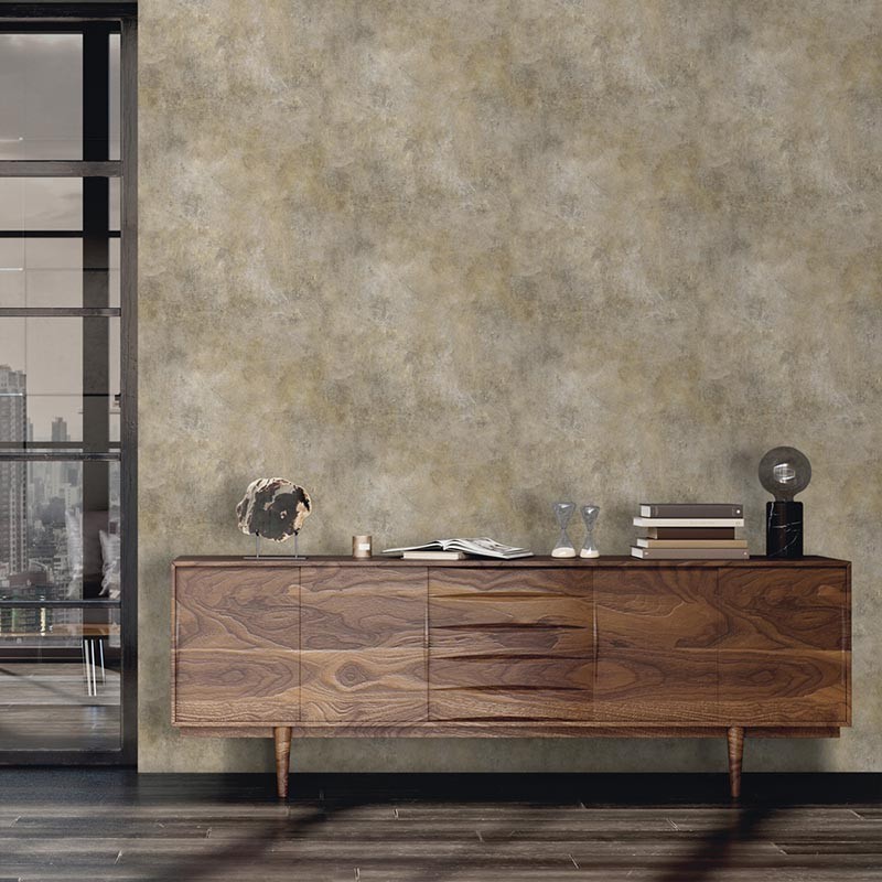 PAPEL PINTADO EFECTO CEMENTO TONO MARRON/ORO.