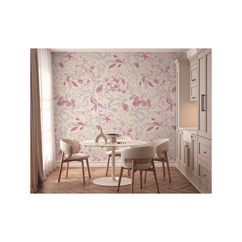 MURAL PAPEL PINTADO HOJAS ESTILO ACUARELA TONO ROSA/BLANCO.