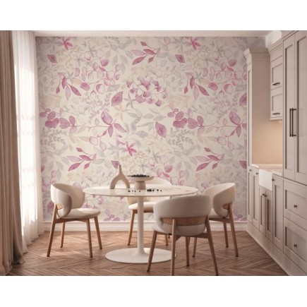 MURAL PAPEL PINTADO HOJAS ESTILO ACUARELA TONO ROSA/BLANCO.
