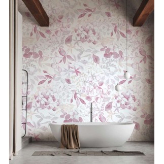 MURAL PAPEL PINTADO HOJAS ESTILO ACUARELA TONO ROSA/BLANCO.