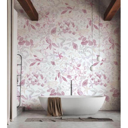 MURAL PAPEL PINTADO HOJAS ESTILO ACUARELA TONO ROSA/BLANCO.